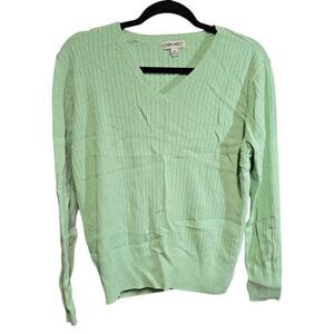 Pistachio Green V-Neck Cable Knit Sweater | Soft Fitted Waist-Length | XXL Plus